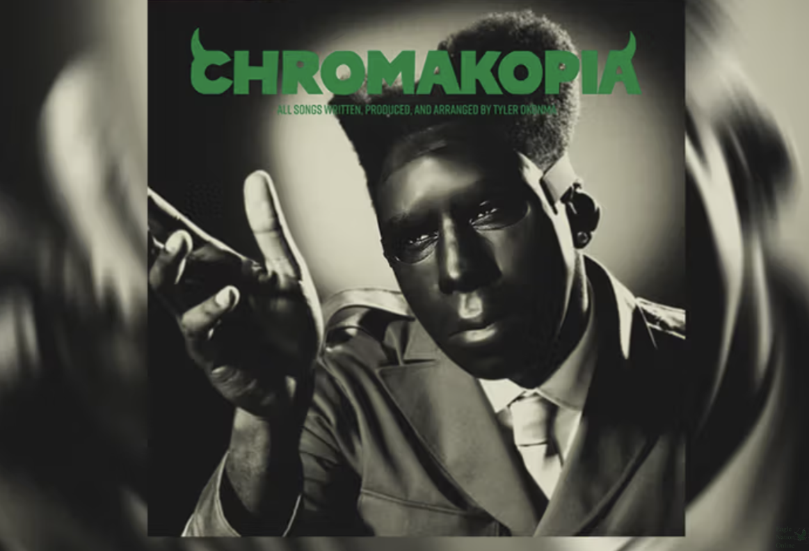 Arm outstretched, Tyler Okonma, professionally known as Tyler, the Creator, dons a mask on the album cover of his upcoming album "CHROMAKOPIA." He will release his album at 6 a.m. EST on Oct. 28. Okonma released the first single from the album, "Noid," on Oct. 21.